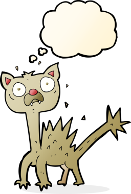 Bir insan tarafından çizilmiş düşünce balonlu korkak kedi çizgi filmi.