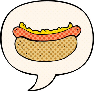 Bir insan tarafından çizilmiş çizgi roman tarzında konuşma balonu olan bir sosisli sandviç.