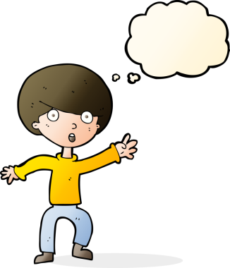 Bir insan tarafından çizilen düşünce baloncuğu ile panikleyen çocuk.