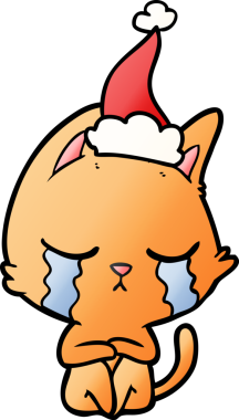 Ağlayan el çizimi bir kedi çizimi Noel Baba şapkası giymiş bir insan tarafından çizilmiş.