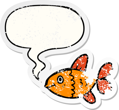 Konuşma baloncuğu olan çizgi film balıkları bir insan tarafından çizilmiş sıkıntılı eski bir çıkartma