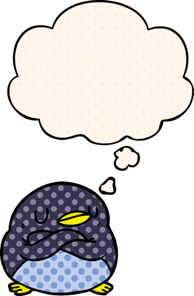 Çizgi roman tarzında bir insan tarafından çizilmiş düşünce baloncuğu olan penguen.