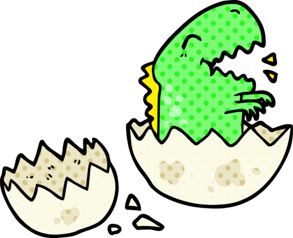 Bir insan tarafından çizilmiş yumurtadan çıkan karikatür dinozoru.