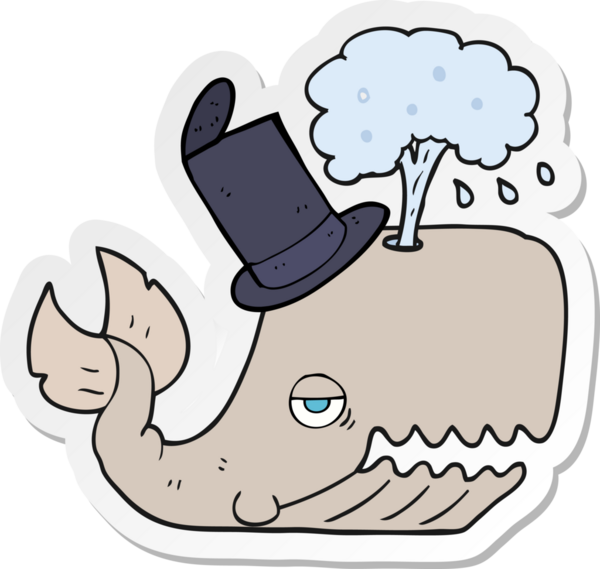 Bir insan tarafından çizilmiş su püskürten bir karikatür balinasının etiketi.