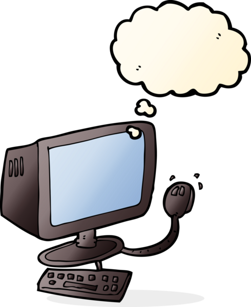 Bir insan tarafından çizilmiş düşünce baloncuklu çizgi film bilgisayarı.