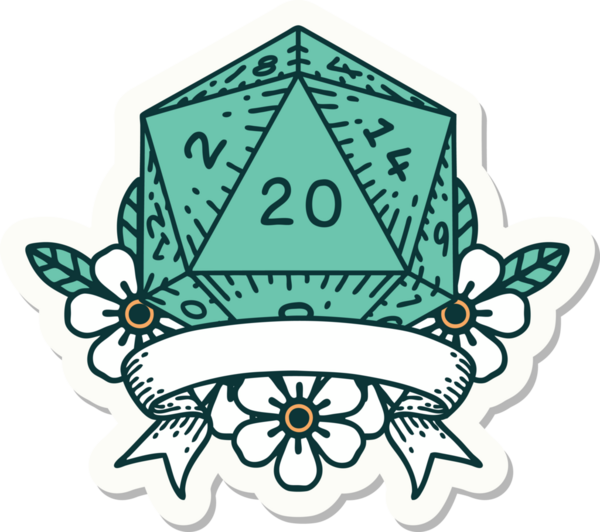 Bir insan tarafından çizilmiş 20 kritik vuruşluk D20 zar etiketi.