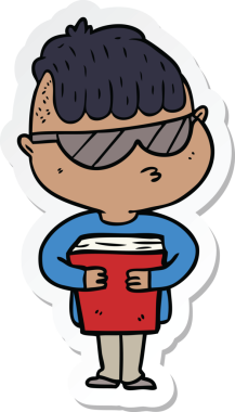 Bir insan tarafından çizilmiş güneş gözlüğü takan çizgi film çocuğunun çıkartması.