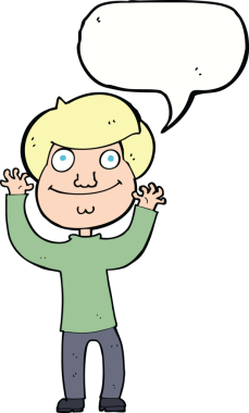 Bir insan tarafından çizilmiş konuşma balonu olan mutlu bir çocuk.