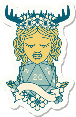 Bir insan tarafından çizilmiş 20 zarlı yarı ork Druid karakterinin çıkartması.