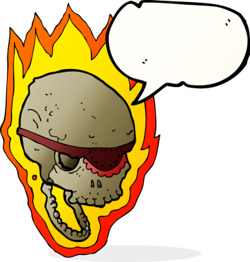 Bir insan tarafından çizilmiş konuşma baloncuklu yanan korsan kafatası.