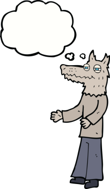 Bir insan tarafından çizilmiş düşünce balonlu bir kurt adam.