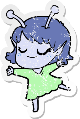 Bir insan tarafından çizilen gülümseyen uzaylı kız çizgi filminin sıkıntılı çıkartması.