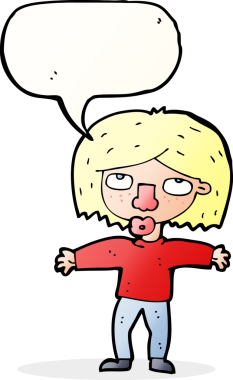 Bir insan tarafından çizilmiş bir konuşma balonuyla yukarı bakan çizgi film kızı.