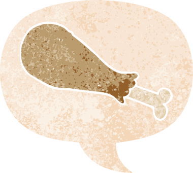 çizgi film tavuk bacağı ve grunge içinde konuşma balonu bir insan tarafından çizilmiş tedirgin geçmiş dokular