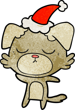 Bir insan tarafından çizilmiş Noel Baba şapkası takan bir köpeğin çizilmiş güzel el çizimi karikatürü.