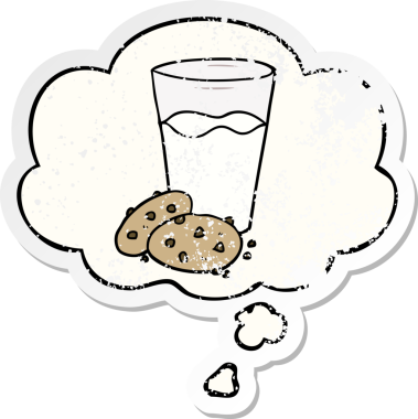 Düşünce baloncuklu çizgi film kurabiyeleri ve süt bir insan tarafından çizilmiş yıpranmış bir çıkartma.