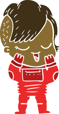 Bir insan tarafından çizilmiş uzay elbisesi içindeki mutlu düz renkli çizgi film kızı.