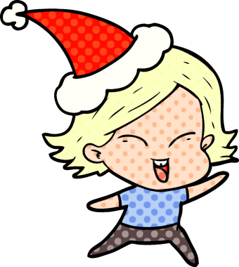 Bir insan tarafından çizilmiş Noel Baba şapkası giyen bir kızın çizilmiş mutlu el çizimi çizgi roman tasviri.