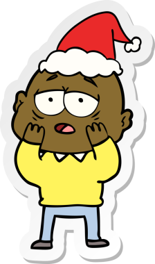 Bir insan tarafından çizilmiş Noel Baba şapkası giymiş yorgun kel bir adamın el yazısı.