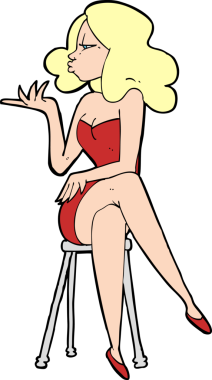 Bir insan tarafından çizilmiş bar taburesinde oturan çizgi film kadını.