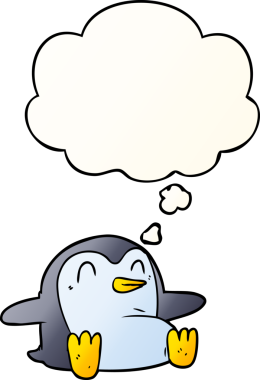 Düşünce baloncuğu olan karikatür pengueni bir insan tarafından çizilmiş.