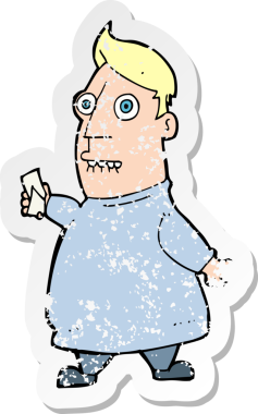 Bir insan tarafından çizilmiş biletleri olan gergin bir çizgi film karakterinin gerilimli retro yapıştırması.