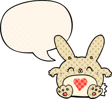 Sevgi dolu, çizgi film karakteri bir insan tarafından çizilmiş çizgi roman tarzında konuşma baloncuğu olan sevimli bir tavşan.