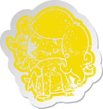 Bir insan tarafından çizilmiş sevimli bir kawai kızının sıkıntılı eski çizgi film çıkartması.