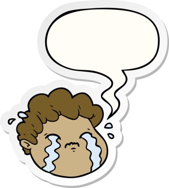 Bir insan tarafından çizilmiş konuşma balonu çıkartmalı ağlayan çocuk.