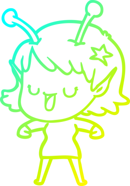 Bir insan tarafından çizilmiş mutlu bir uzaylı kız çizgi filmi.