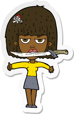 Bir insan tarafından çizilmiş dişleri arasında bıçak olan bir karikatür kadının çıkartması.