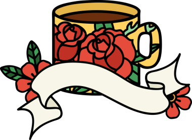 Geleneksel dövmeli bir kupa ve bir insan tarafından çizilmiş çiçekler.