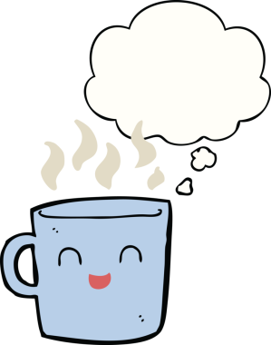 Bir insan tarafından çizilmiş düşünce baloncuklu şirin kahve fincanı karikatürü.