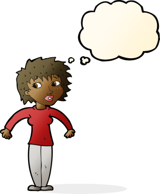 Bir insan tarafından çizilmiş düşünce baloncuğuyla omuz silken çizgi film kadını.