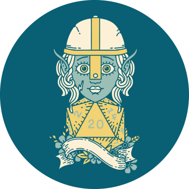 Retro Dövme Tarzı Elf Savaşçısı Karakteri Bir insan tarafından çizilmiş doğal 20 zar atışıyla