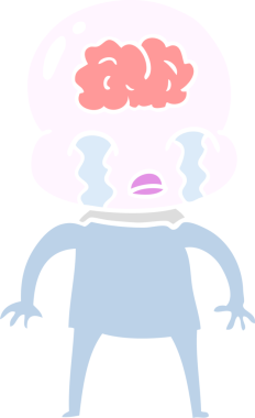 Düz renkli çizgi film. Bir insan tarafından çizilmiş büyük beyinli uzaylı ağlaması.