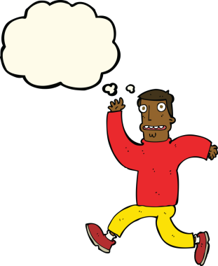 Bir insan tarafından çizilmiş düşünce baloncuğuyla dehşete düşmüş bir adam.