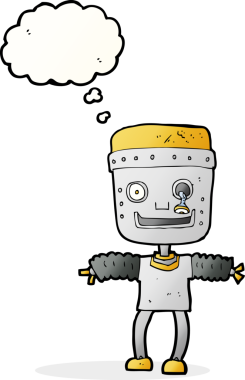 Bir insan tarafından çizilmiş düşünce baloncuklu çizgi film robotu