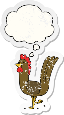 Düşünce baloncuğu olan çizgi film horozu insan tarafından çizilmiş yıpranmış bir çıkartma.