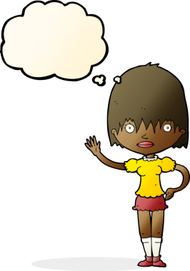 Bir insan tarafından çizilmiş düşünce balonlu bir kadın.