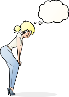 Bir insan tarafından çizilmiş düşünce balonuyla poz veren karikatür kadın.