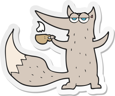 Bir insan tarafından çizilmiş kahve fincanı olan bir kurt çizgi film etiketi.