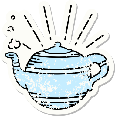 Bir insan tarafından çizilmiş eski dövme stili buharlı çaydanlık etiketi.