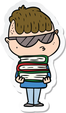 Bir insan tarafından çizilmiş kitap yığınıyla güneş gözlüğü takan bir çizgi film çocuğunun çıkartması.