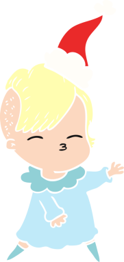 Bir insan tarafından çizilmiş Noel Baba şapkası giyen şaşı bir kızın el çizimi düz renk çizimi.