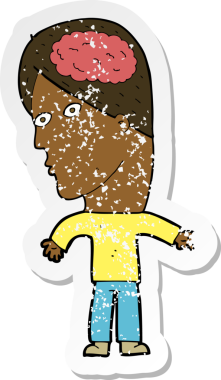 Bir insan tarafından çizilmiş beyin sembolü olan bir çizgi film karakterinin gerilimli yapıştırması.