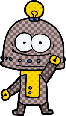 Bir insan tarafından çizilmiş ampullü mutlu karton robot.