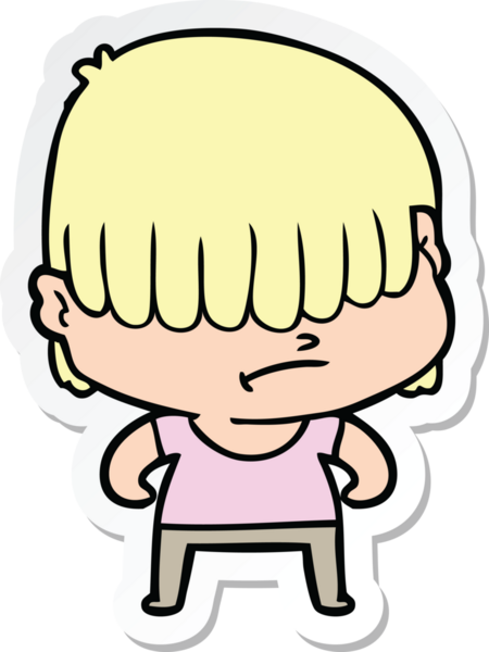 Bir insan tarafından çizilmiş dağınık saçlı çizgi film çocuğunun çıkartması.