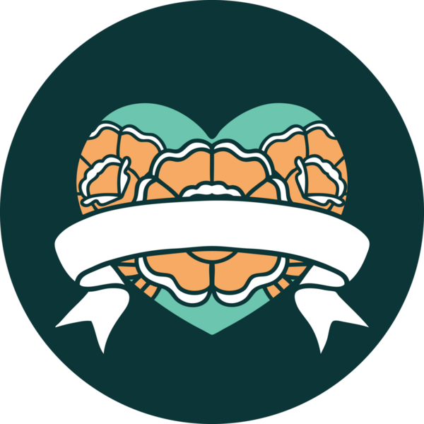 İkonik dövme stili bir kalp ve bir insan tarafından çizilmiş çiçekli pankart.