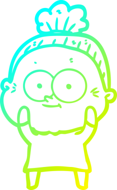 Bir insan tarafından çizilmiş, mutlu, yaşlı bir kadının çizimi.